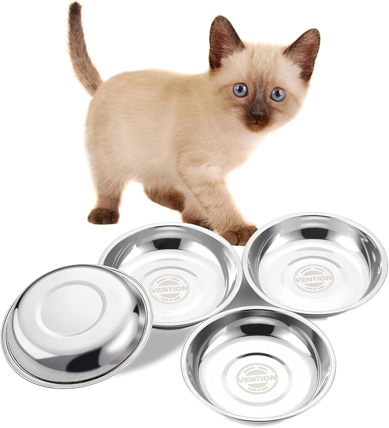 Small Shallow Cat Food Bowls, Outer Dia. 4.9 in Whisker Fatigue Cat Bowl, Stainless Steel Cat Food Dish for Indoor Cats, Set of 4 Replacement Cat Bowls for Raised Station(7.4 Fl.Oz)