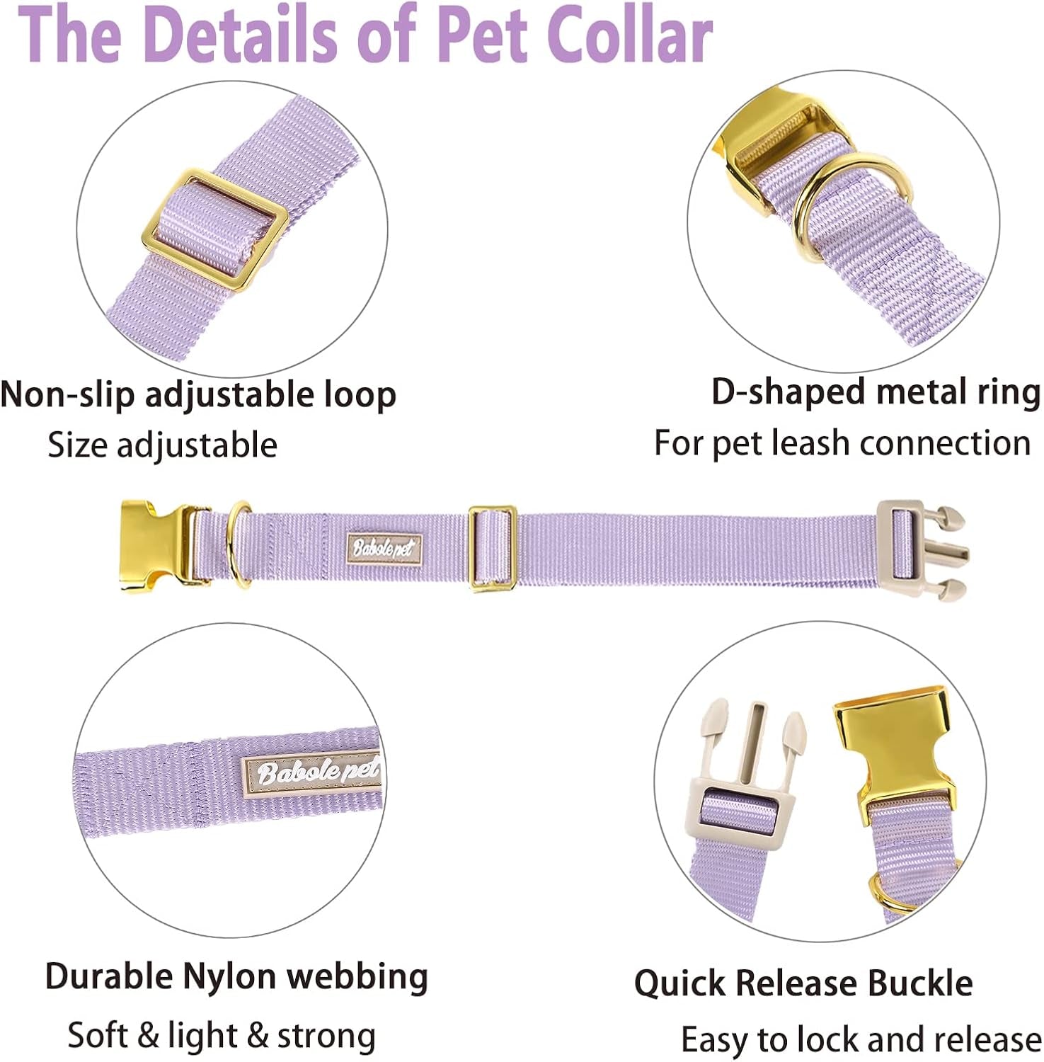 Nylon Dog Collar - Adjustable Lavender Soft Webbing Dog Collars for Small Medium Large Dogs Boy Girl Puppy Collar with Safety Metal Buckle S