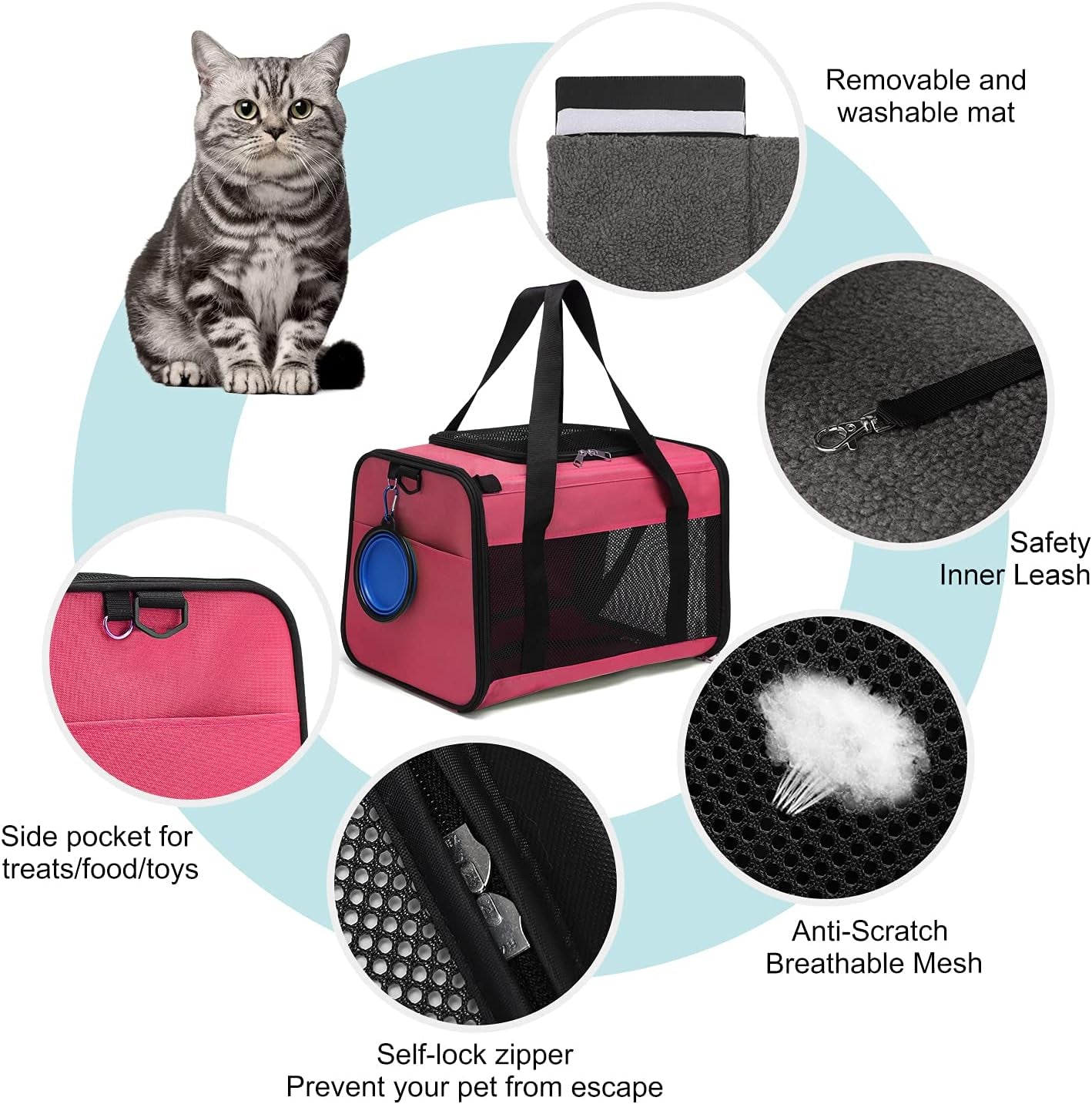Airline Approved Cat Carrier, Soft Sided Collapsible Puppy Carrier with Locking Safety Zippers, Removable Fleece Pad and Pockets for Small Dogs Puppies Large Cat (L, Pink)