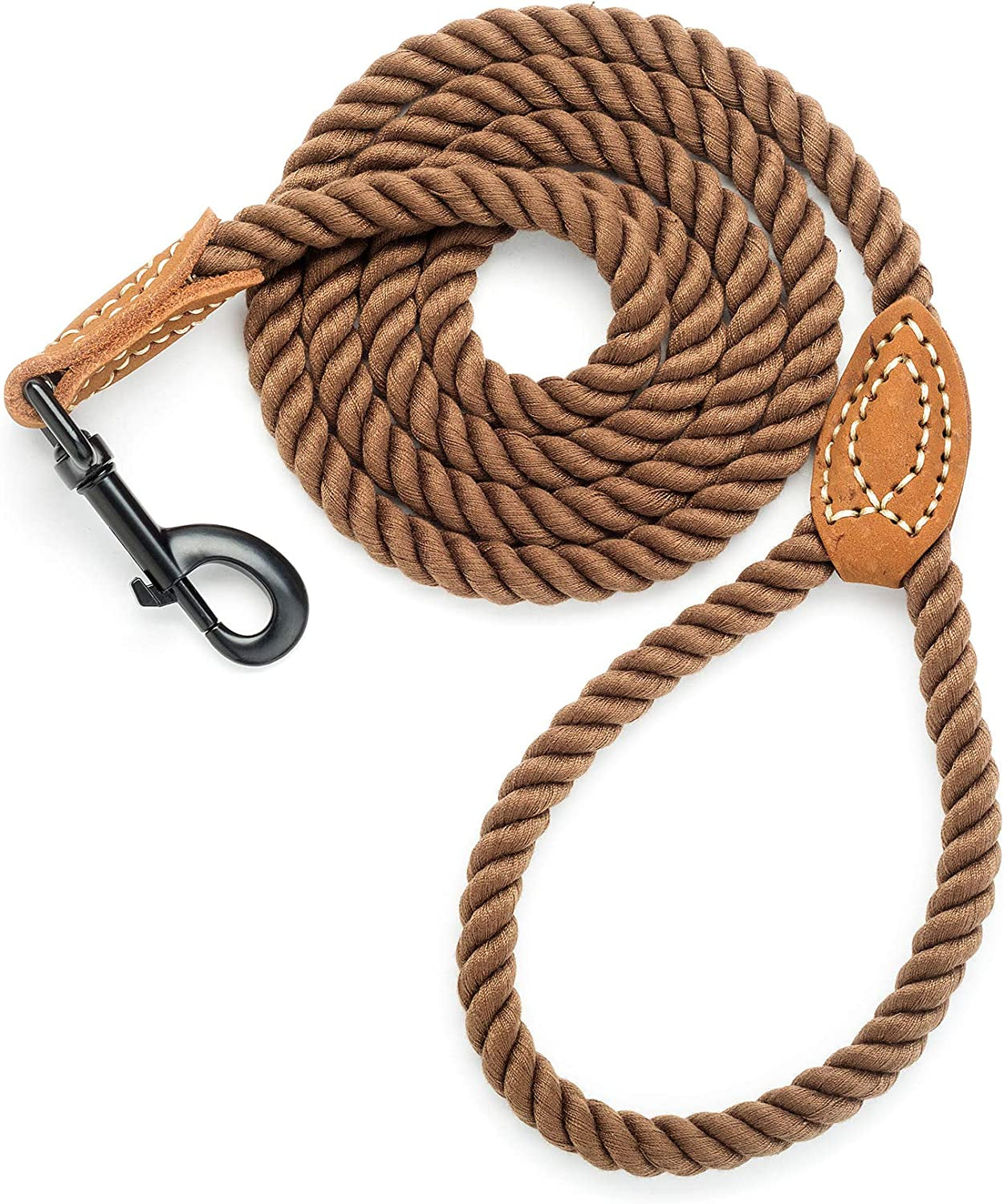 Dog Leash, Braided Cotton Rope Leashes with Leather Tip - Heavy Duty Metal Clasp, 4FT, 1/2" Thick - Wedding, Walking & Training Leash for Small Medium Large Dogs (Dark Brown)