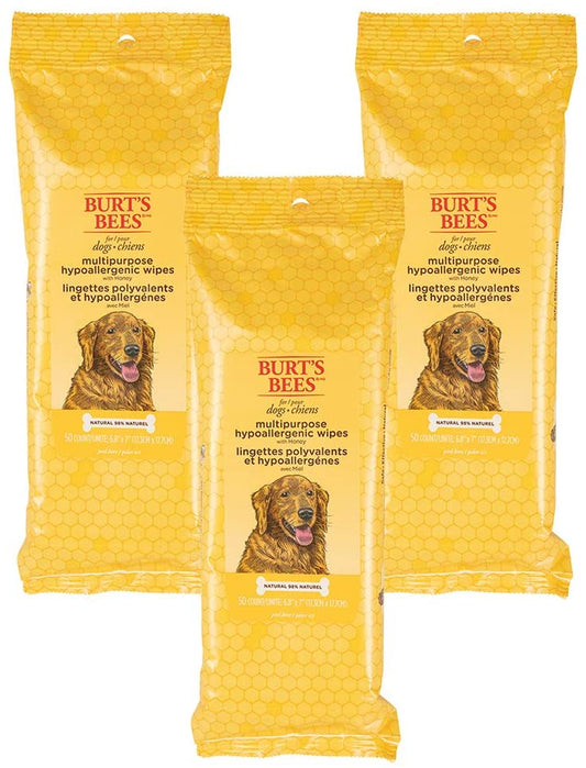 Multipurpose Dog Wipes with Honey, 98% Natural Origin Formulas, Hypoallergenic Dogs Wipe, Canine Cleaning Sheets for Paws and Butt, 3 Pk, 50Ct