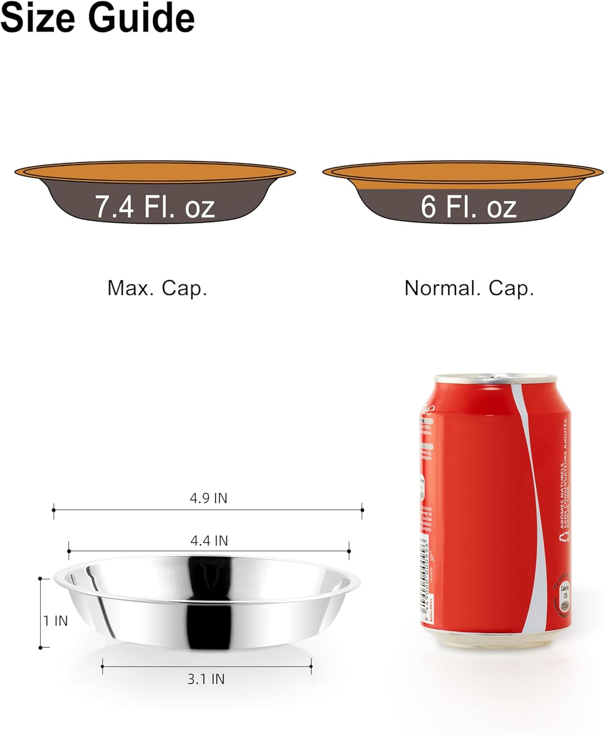 Small Shallow Cat Food Bowls, Outer Dia. 4.9 in Whisker Fatigue Cat Bowl, Stainless Steel Cat Food Dish for Indoor Cats, Set of 4 Replacement Cat Bowls for Raised Station(7.4 Fl.Oz)