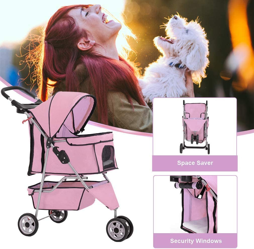 3 Wheels Pet Dog Stroller Cat Cage for Medium Small Dogs Cats Travel Folding Carrier Waterproof Puppy Stroller with Cup Holder & Removable Liner,Pink