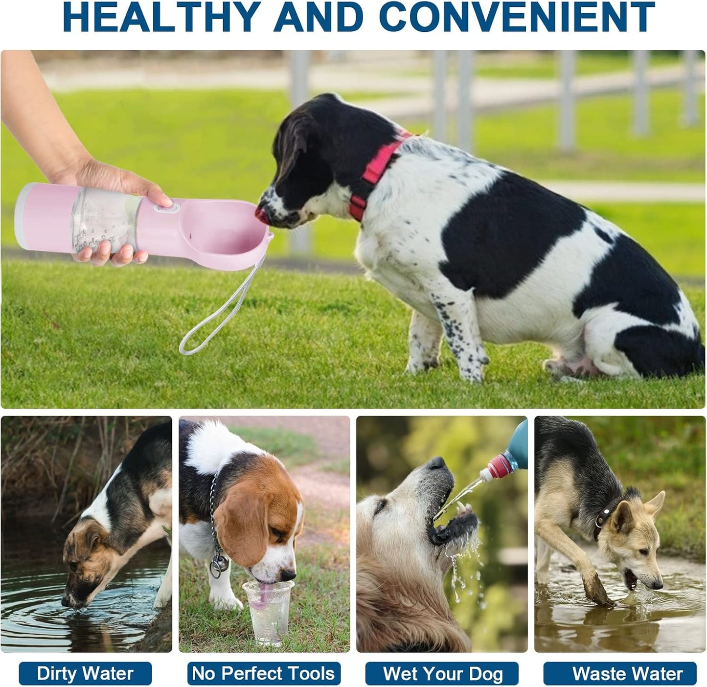 Dog Water Bottle 4 in 1 Portable Pet Dog Water Bottle Dispenser Leakproof Travel Dog Water Bottle Cat Dog Accessories with Drinking Feeding, Waste Bag and Poop Shovel for Walking Travel, Pink