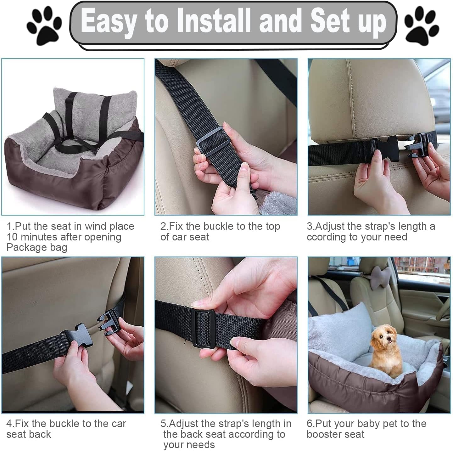 Dog Car Seat with Safety Belt, Washable Booster for Small Dogs, Anti-Slip Travel Bed for Front or Back Seat, Adjustable Buckle, Storage Pockets