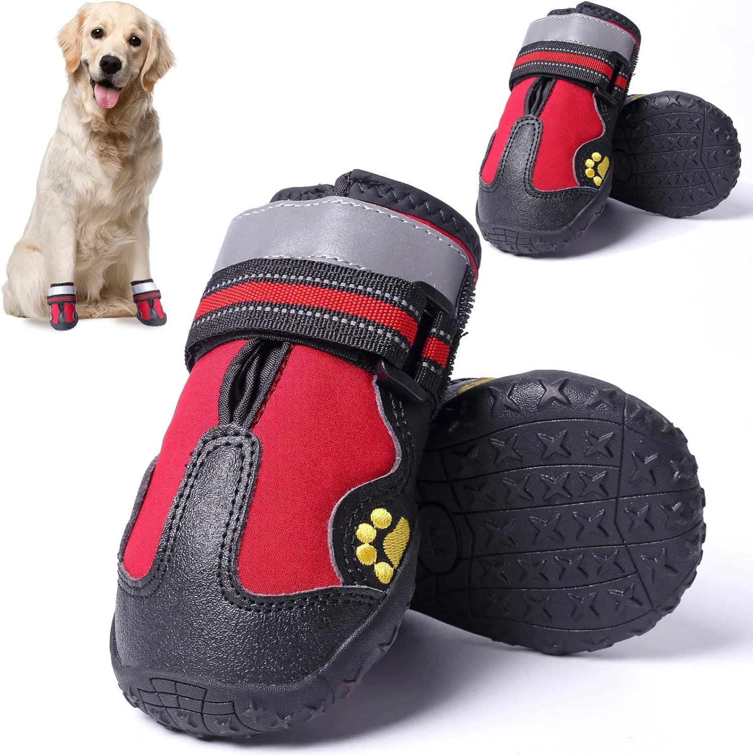 Dog Shoes for Medium Large Dogs, Waterproof Dog Snow Boots Dog Booties Paw Protectors with Reflective Straps Rugged Anti-Slip Sole 4PCS