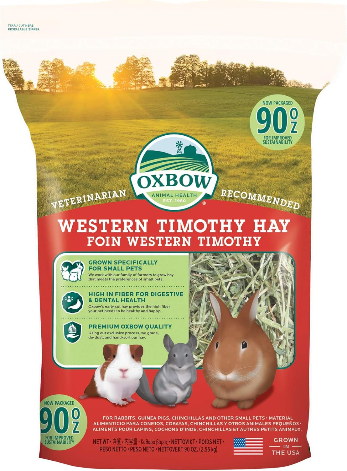 Animal Health Western Timothy Hay, Guinea Pig Hay, Small Pet Bunny Supplies, All Natural Grass for Guinea Pig, Bunny, Chinchilla & Hamster, Rabbit Supplies for Bunnies, 90 Oz. Bag