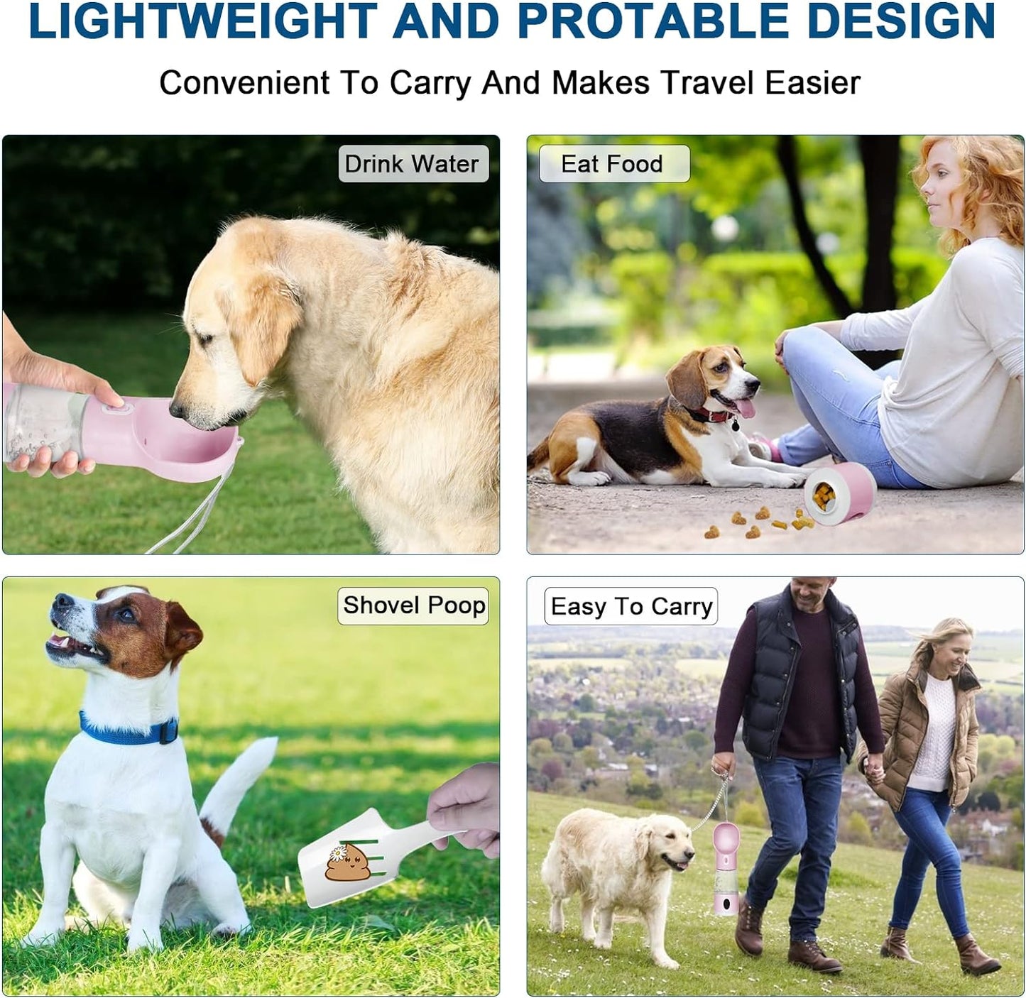 Dog Water Bottle 4 in 1 Portable Pet Dog Water Bottle Dispenser Leakproof Travel Dog Water Bottle Cat Dog Accessories with Drinking Feeding, Waste Bag and Poop Shovel for Walking Travel, Pink