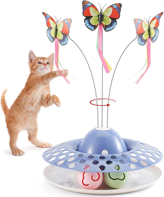 Interactive Cat Toys with 2 Butterfly Replacements, Circle Track with Spinning Moving Balls for Kitten Toys