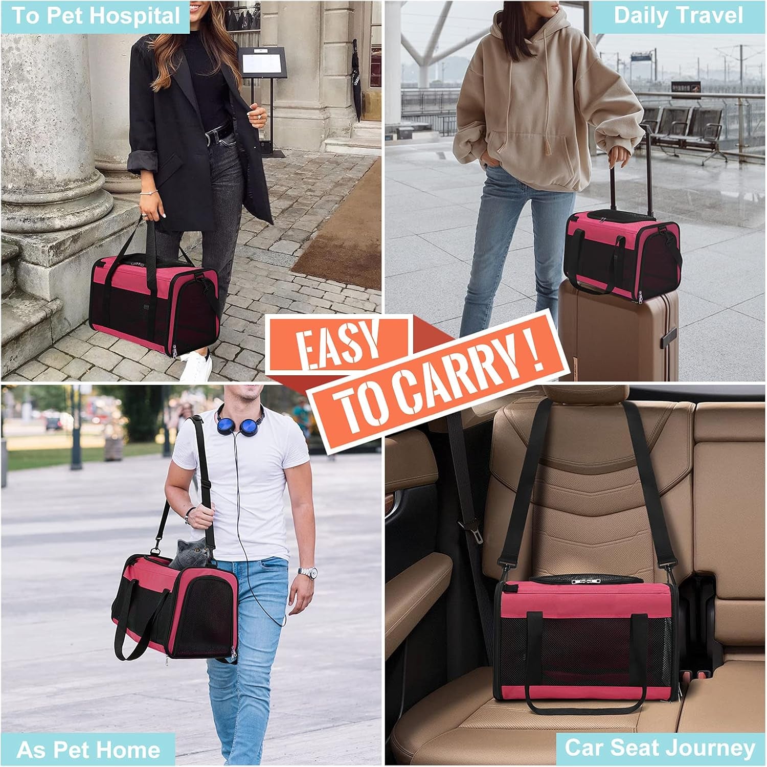 Airline Approved Cat Carrier, Soft Sided Collapsible Puppy Carrier with Locking Safety Zippers, Removable Fleece Pad and Pockets for Small Dogs Puppies Large Cat (L, Pink)