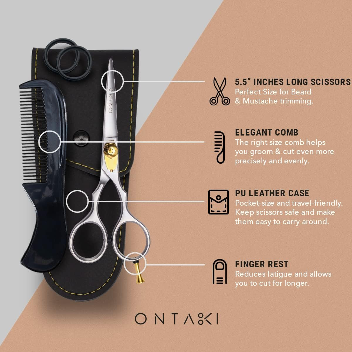 Premium Hand-Forged Mustache & Beard Scissors 5.5" - Japanese Steel Barber Scissors - Bangs & Grooming Shears - Rest Hook Silver - Hair Shears - Beard Sheers