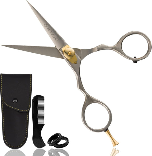 Premium Hand-Forged Mustache & Beard Scissors 5.5" - Japanese Steel Barber Scissors - Bangs & Grooming Shears - Rest Hook Silver - Hair Shears - Beard Sheers