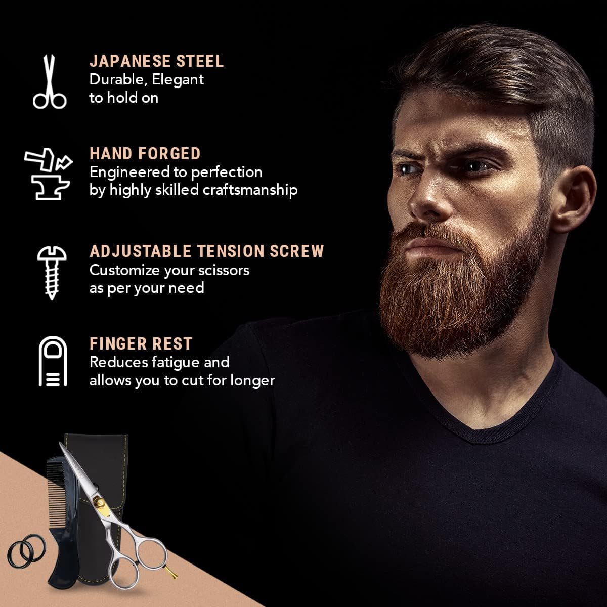 Premium Hand-Forged Mustache & Beard Scissors 5.5" - Japanese Steel Barber Scissors - Bangs & Grooming Shears - Rest Hook Silver - Hair Shears - Beard Sheers